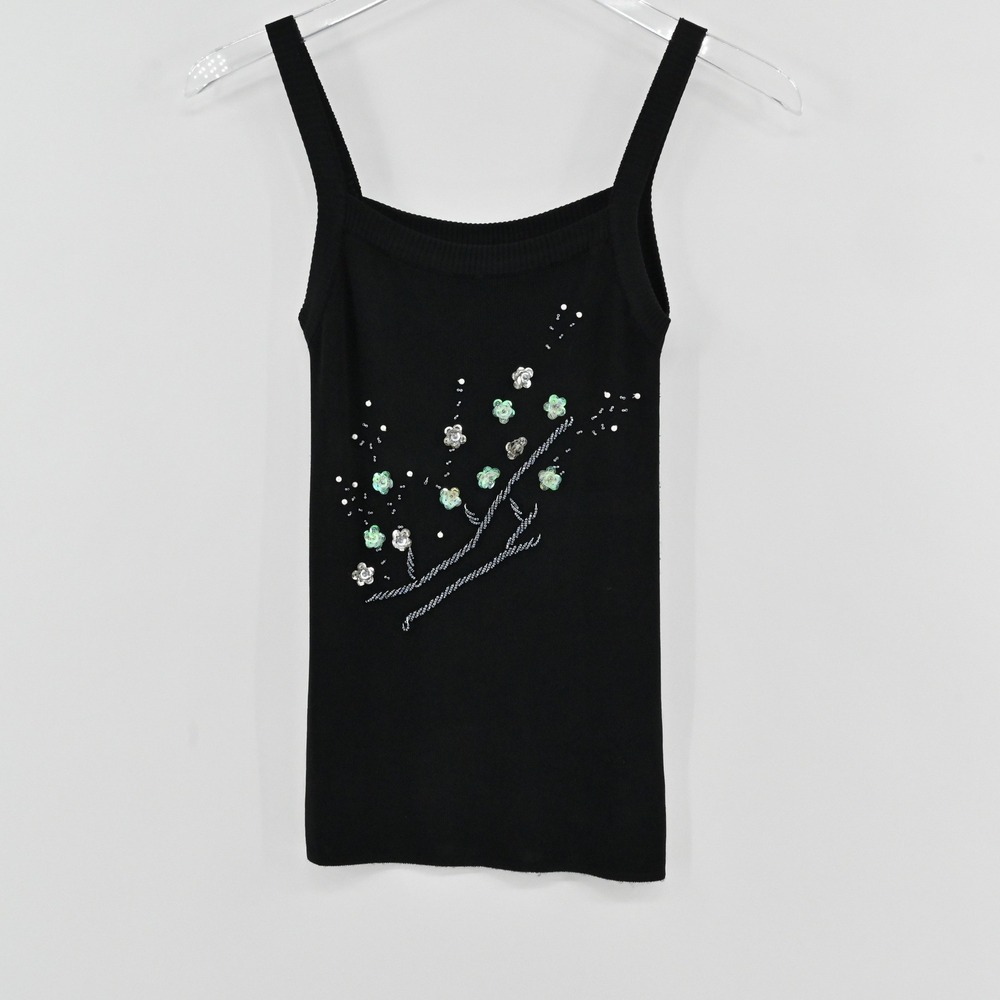 Vintage Y2k Floral Sequin Knit Tank Top Womens Size XS Black Y2K Beaded Camisole